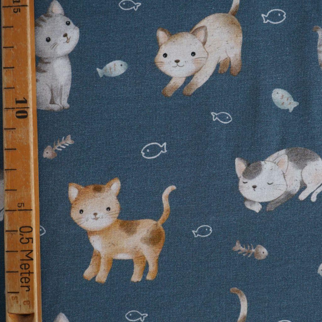 Baumwolljersey Katzen auf jeansblau – FVJ